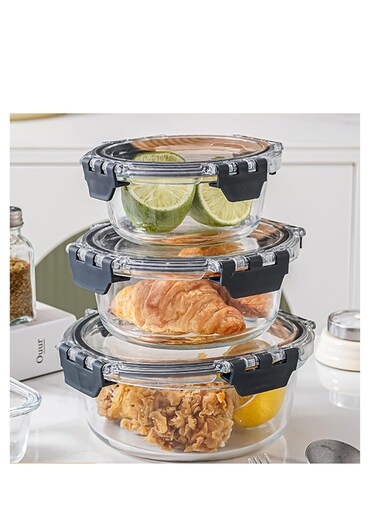Tycom Glass Meal Prep Containers (3 pcs Round) - Glass Food Storage Containers with Lids, Glass Lunch Box, Portion Control, Airtight, Glass Bento Box Lunch Containers- 3P Round Black
