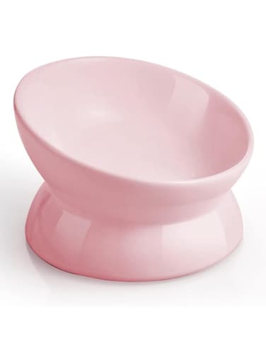 Excefore Elevated Ceramic Cat and Small Dog Bowl, 5 Oz Anti-Vomiting Water Dish, Tilted Design for Spine Protection, Pink Color