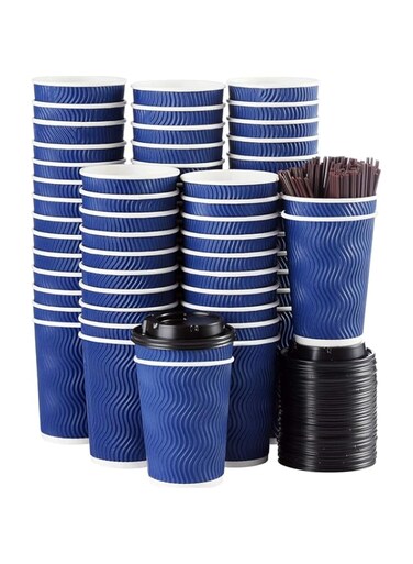 AoMige Disposable Coffee Cups with Lids and Straws(50 Set),Ripple Insulated Triple Corrugated Paper Cups,Durable Reusable Hot Paper Cups for Hot/Cold Beverages Espresso Tea Water (Blue, 12 oz)