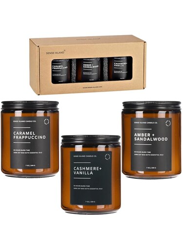SENSE ISLAND Candles for Men Scented Candle for Home 3-Pack of Vanilla Cashmere, Coffee Frappuccino and Amber Sandalwood 21 oz, 100% Soy Candle Gift Pack Highly Scented Long Lasting Aesthetic Candles