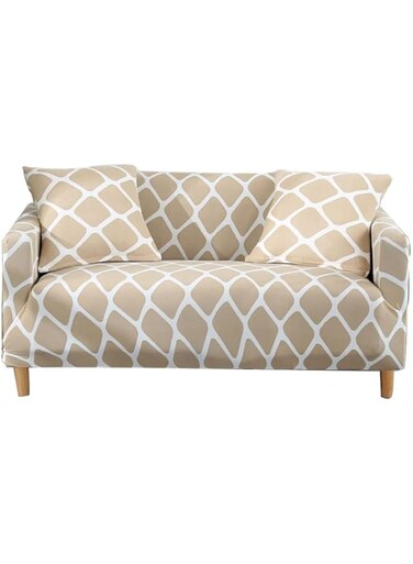 Aputue Printed Sofa Cover, 145-185cm, Elastic Universal Furniture Protector with 1 Pillowcase, Apricot Geometry Sofa Slipcovers Stretch Couch Covers for Seater Cushion Couch