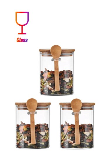 Set of 3- 1000 ML Borosilicate Square Glass Food Storage Jar with Bamboo Lid and Spoon