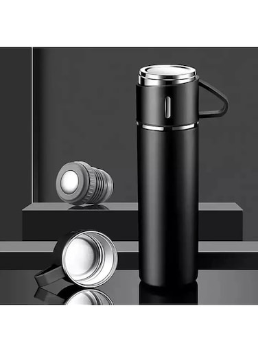 Stainless Steel Water Bottle, SS Vaccum Flask with Silicone Handle and Double Wall Vacuum Insulated Water bottle with 2 stainless steel cups set for Hot and Cold Outdoor travel (Black)