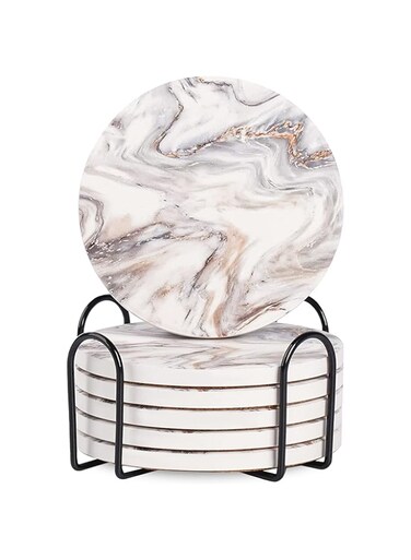 Coasters for Drinks, Round Absorbent Ceramic Stone Coasters Set of 6 with Cork Base, Funny Drink Coasters with Holder for Cold Drinks Wine Mugs and Cups Tabletop Protection, 4 Inches (White)