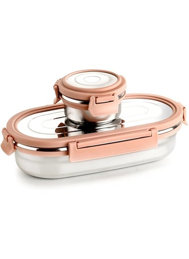 Ganesh Oval Lunch Box Steel with 4 Side Lock Lid, 650 ml and Inner Stainless Steel Container, 100 ml Easy to Carry (Mulitcolor)