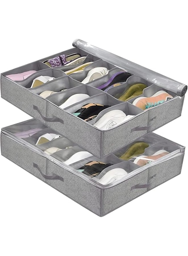 QYINXIU Shoe Organizer Under Bed, Under Bed Shoe Storage Organizer Set Of 2, Under Bed Shoe Storage Organizer, Foldable Fabric Shoes Containers Box With Clear Cover-Grey Color