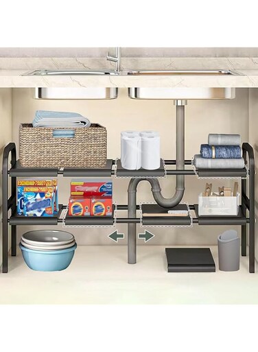 Bolivia's Under Sink Organizer, 2 Tier Expandable Cabinet Shelf Organizer with 8 Detachable Panels, Multi-use Under Sink Organizers and Storage, Under Cabinet Organizer for Under Kitchen, Bathroom