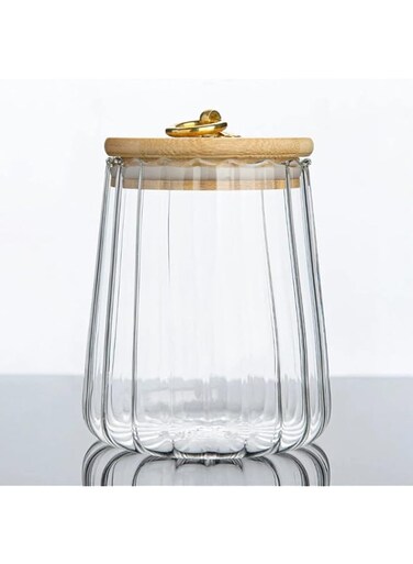 1CHASE Borosilicate Glass Storage Jar With Airtight Bamboo Lid and Metal Handle, Petal Decorative Container, To Store Tea, Coffee Beans, Candy, Spices, Biscuits 600ML (Taper)