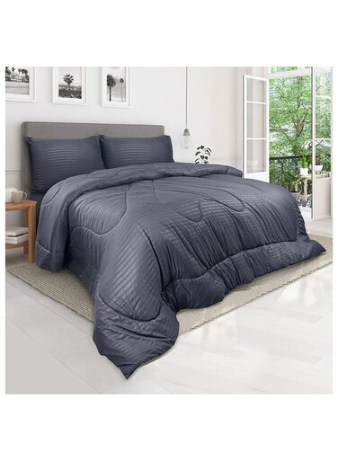 Linen Klub Down Alternative Comforter Set -Ultra Soft Brushed Stripe Microfiber Fabric, 200GSM Soft Fibersheet Filling, Size :Single 160 x 200cm , Color: Dark Grey
