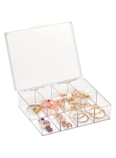 AMERTEER Tea Bag Storage Organizer, Tea Container Box with Hinge Lid for Kitchen Cabinet, Countertop, Pantry, Holds Tea Bags, Seasoning Packets, Condiments, 8 Sections, Clear