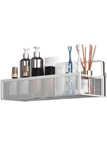 1PC Wall-Mounted Bathroom Shelf &ndash; White Iron Art Organizer, Large Capacity Adhesive Storage Rack for Shower Supplies &amp; Cosmetics, Stainless Steel Bathroom and Kitchen Hanging Basket