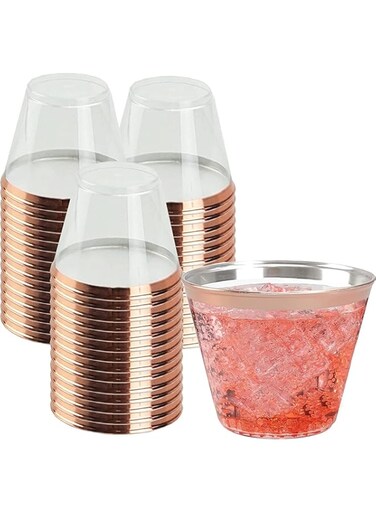 ChicAbode 25 Pcs Rose Gold Plastic Water Cups, 9Oz Disposable Rose Gold Glitter Plastic Drink Cups, Clear Plastic Cups, for Wedding, Thanksgiving, Christmas, Party, Birthday