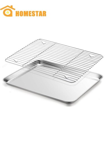 Baking Pan with Rack Set, Stainless Steel Toaster Oven Baking Pan with Cooling Rack, Healthy, Non Toxic, Easy Clean, Dishwasher Safe