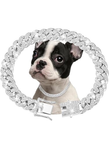 Silver Dog Chain Collar Diamond Cuban Link Dog Collar 12mm Wide Dog Necklace Metal Cat Chain Pet Crystal Collar Jewelry Accessories for Small Medium Large Dogs Cats(10inch)