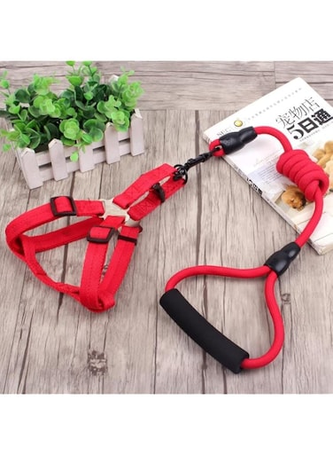 Adjustable Nylon Dog Harness with Leash, Padded Handle, Soft Vest, Retractable Rope, for Small to Medium Dogs-120CM (Red, Medium)