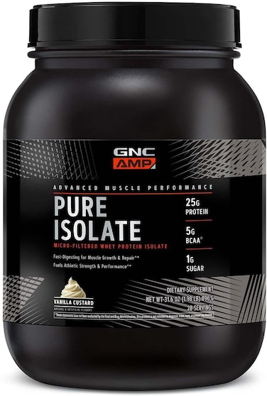 GNC AMP Pure Isolate   Fuels Athletic Strength, Performance and Muscle Growth   Fast Absorbing   25g Whey Protein Iso with 5g BCAA   Vanilla Custard   28 Servings