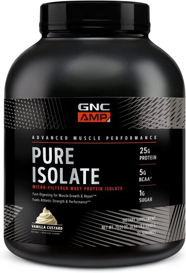 GNC AMP Pure Isolate   Fuels Athletic Strength, Performance and Muscle Growth   Fast Absorbing   25g Whey Protein Iso with 5g BCAA   Vanilla Custard   70 Servings