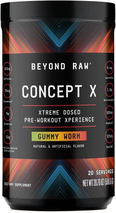 BEYOND RAW Concept X   Clinically Dosed Pre-Workout Powder   Contains Caffeine, L-Citrulline, Creatine, and Beta-Alanine   Gummy Worm   20 Servings