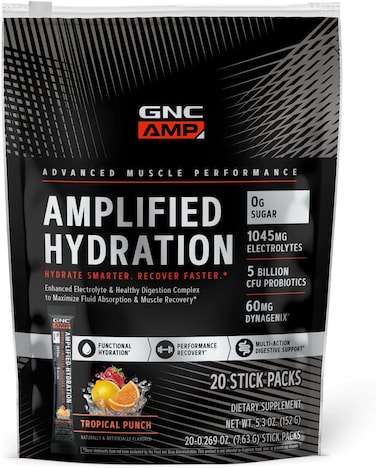 GNC AMP Amplified Hydration   Enhanced Electrolyte &amp; Healthy Digestion Complex   Tropical Punch   20 Count