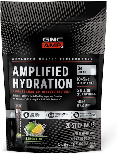 GNC AMP Amplified Hydration   Enhanced Electrolyte &amp; Healthy Digestion Complex   Lemon Lime   20 Count