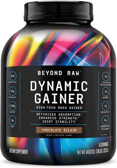 Beyond Raw Dynamic Gainer, High-Tech Mass Gainer, Optimized Absorption, Enhanced Strength, And Joint Stability, Chocolate &Eacute;clair, 15 Servings