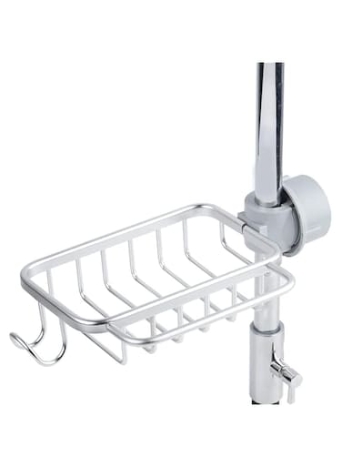 ALMEKAQUZ Faucet Sponge Holder Soap Dishcloth Brush Sink Caddy Drain Rack Aluminum Organizer for Kitchen Bathroom with Hook and Bar (Silver)