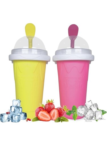 MAGA ZONE 2 Pcs Slushie Maker Cup   Magic Quick Frozen Smoothies Cup   Double Layer Squeeze Cup for Homemade Milkshakes &amp; Ice Cream   DIY Cooling Cup for Family (Yellow + Red)