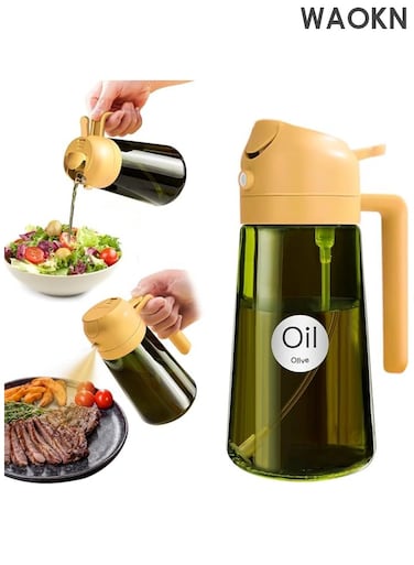 16oz/470ml Blackout Dark Oil Sprayer for Cooking, 2 in 1 Olive Oil Dispenser Bottle, Premium Dark Green Glass Oil Bottle for Air Fryer, Grill (Orange)