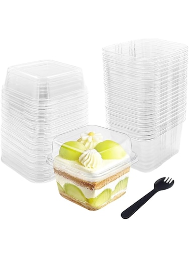 Qyyiguf 50 Pcs 8OZ Plastic Dessert Cups with Lids and Spoons,Square Parfait Cups,Disposable Ice Cream Containers for Cupcake,Pudding,Snacks,Yogurt,ParfaitFruits,Mousse