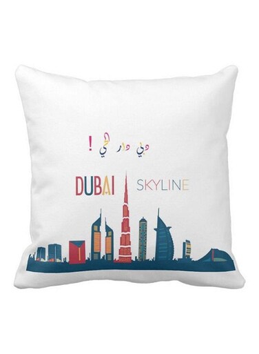 Piece Dubai Landmarks Printed Pillow White/Blue/Red 40x40centimeter