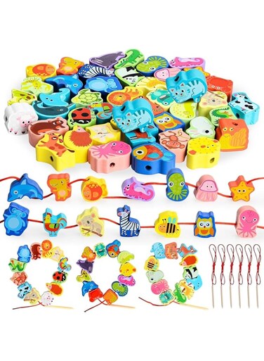 BIQIQI Threading Game Threading Toys for 2 + Years Girls Boys,Montessori Threading Toys for Toddlers Animals Fruits Vegetables String Lacing Wooden Beads Threading Toy Educational Toys for Kids