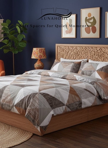 Home King Size 6 pieces set (1 Duvet cover - 220*240cm, 1 Fitted sheet - 200*200cm+30cm, 4 Pillow cases - 50*75cm.).Bedding set, Simply geometric print, brown with grey.