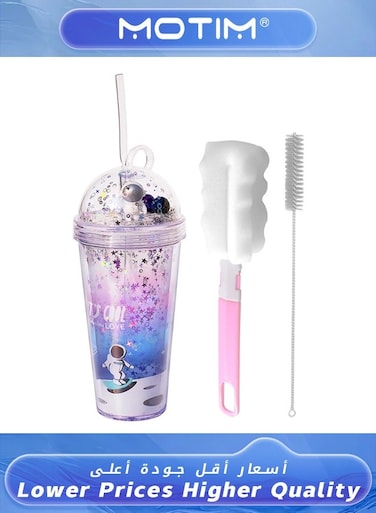 Plastic Tumblers with Lids &amp; Straws -Space Odyssey Cup Set Creative Cups Kit with Adorable Print Reusable Eco-friendly Water Cup with Cleaning Sponge Brush for Kids &amp; Adults