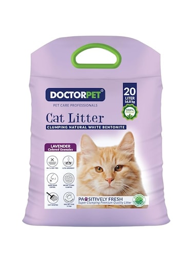 Doctor Pet Cat Litter Lavender 20L &ndash; 100% Natural Clumping Bentonite,Scented, Ultra Absorbent,Easy Scooping, Dust-Free, Odor Control, Easy Scooping, Hypoallergenic &amp; Non-Stick Paw Formula