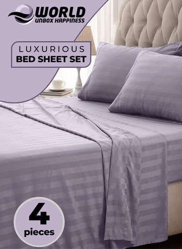 4-Piece Luxury Purple Striped Bedding Set Includes 1 Regular Bedsheet, 1 Fitted Bed Sheet, and 2 Pillow Cases for Ultimate Hotel-Inspired&Acirc;&nbsp;Sophistication in King, Queen and Single Sizes