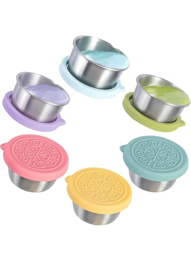 Salad Dressing Container To Go, 6x1.6oz Dressing Sauce Containers for Lunch Box, Stainless Steel Small Condiment Containers with Lids, Reusable Dip Sauce Cups with Lids, Leakproof Condiment Cups