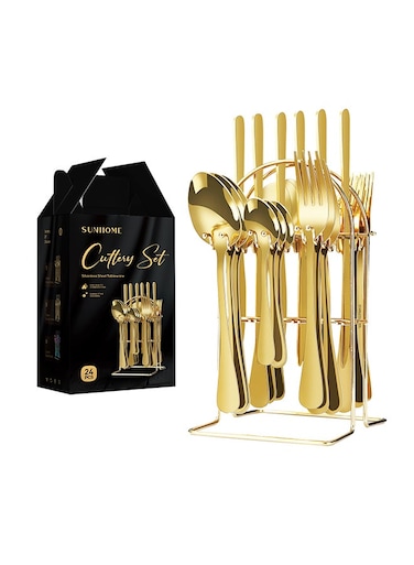 24-Piece Cutlery Set With Stand Gold 9.05x5.11x4.96cm