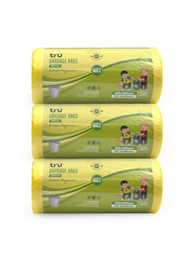Lemon Scented Garbage Bags Compact Roll 60x90cm 30 Gallon ( 20pc x 3 Rolls ) 60 bags