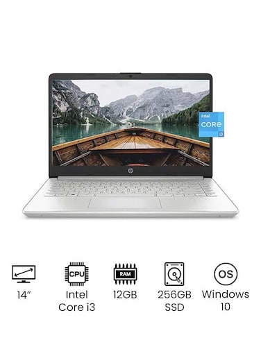 HP 14-DQ2055WM Laptop With 14-Inch HD Display, 11th Gen Core i3 1115G4 Processor, 12GB RAM, 256GB SSD, Intel UHD Graphics, Windows 10, English/Arabic, Silver - International Version