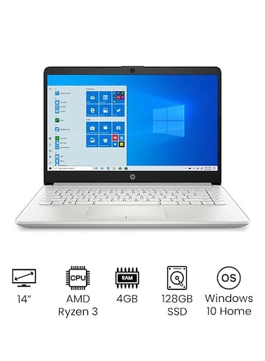 HP 14-DK1032 Laptop With 14 Inches Full HD Display, AMD Ryzen 3 3250U 2.6GHz, 128GB SSD, 4GB RAM (1920x1080), BT, Windows 10 Home, Webcam, English, Natural Silver - International Version