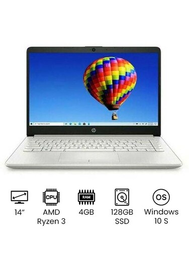 HP 14-dk1032 Laptop With 14-Inch Full HD Display, AMD Ryzen 3 3250U Processor, 128GB SSD, 4GB RAM, Intel UHD Graphics, Windows 10S, English/Arabic, Silver - International Version