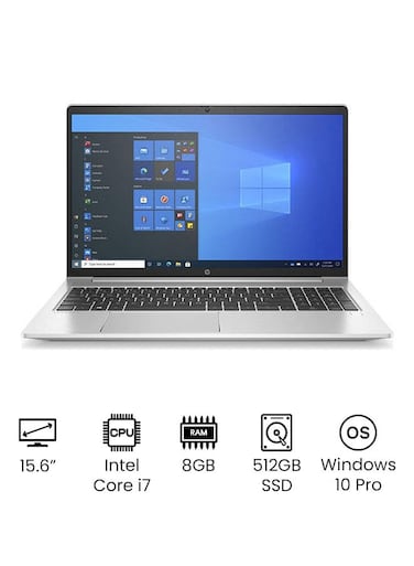 HP Probook 450 G8 Laptop WIth 15.6 Inch Full HD Display, Intel Core i7-1165G7, 8GB RAM, 512GB SSD GB Intel Iris, Iris Plus Graphics, Windows 10 Pro, English/Arabic, Silver - International Version