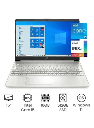 HP 15-dy2095wm Laptop With 15.6-Inch FHD Display, 11th Gen Core i5-1135G7 Processor, 16GB RAM, 512GB SSD, Intel Iris Xe Graphics, Windows 11, English/Arabic, Silver - International Version