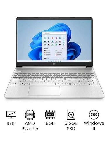 HP 15-EF2040TG Laptop With 15.6-Inch Full HD Display, AMD Ryzen 5-5500U Processor, 8GB RAM, 512GB SSD, AMD Radeon Graphics, English, Silver - International Version