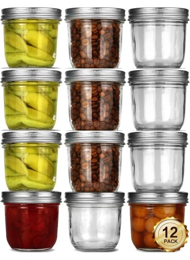 Mason Jars with Airtight Metal Regular Lids(8oz/250ml), Sealed Clear Glass Canning Jars with Wide Mouth for Spices, Honey, Jam, dessert&iuml;&frac14;&OElig;Jelly, of 12