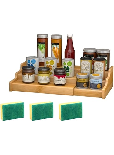 LYLYMYKHH Expandable Spice Rack Organizer for Cabinet,3 Tier Expandable Bamboo Spice Rack Seasoning Organizer for Cabinet Pantry Countertop Kitchen Step Shelf (Wooden-Small)