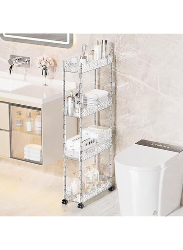 Storage Cart, Slim 15cm Width Trolley Organizer, Narrow Rolling Cart for Tight Space, Transparent Acrylic Storage Shelf with Wheels for Kitchen Bathroom Laundry Office (4 Tier)
