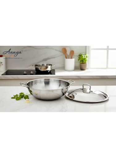 Homecraft Premium Tri-Ply Stainless Steel Wok with Lid 20cm &acirc;&euro;&ldquo; Durable Silver Cooking Pan with Side Handles for Stir-Fry, Curries &amp; Deep Cooking