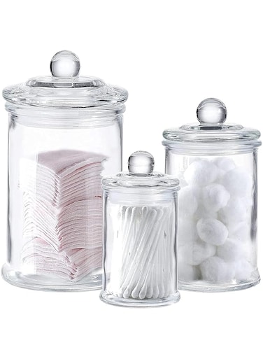 Whole Housewares   Set of 3 Bathroom Canisters - Storage Container Jars - Premium Glass Apothecary Jars with Lids - Small Glass Jars for Kitchen or Bathroom Storage - Decorative Crystal Containers