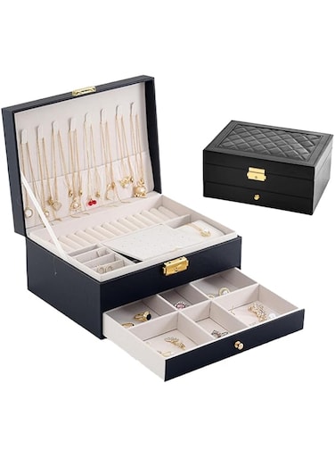 Paporich Jewelry Box, PU Jewelry Case, 2 Layers Jewelry Storage Organizer With Lock for Necklace Earring Ring Bracelets for Women Girls Gift (Black)